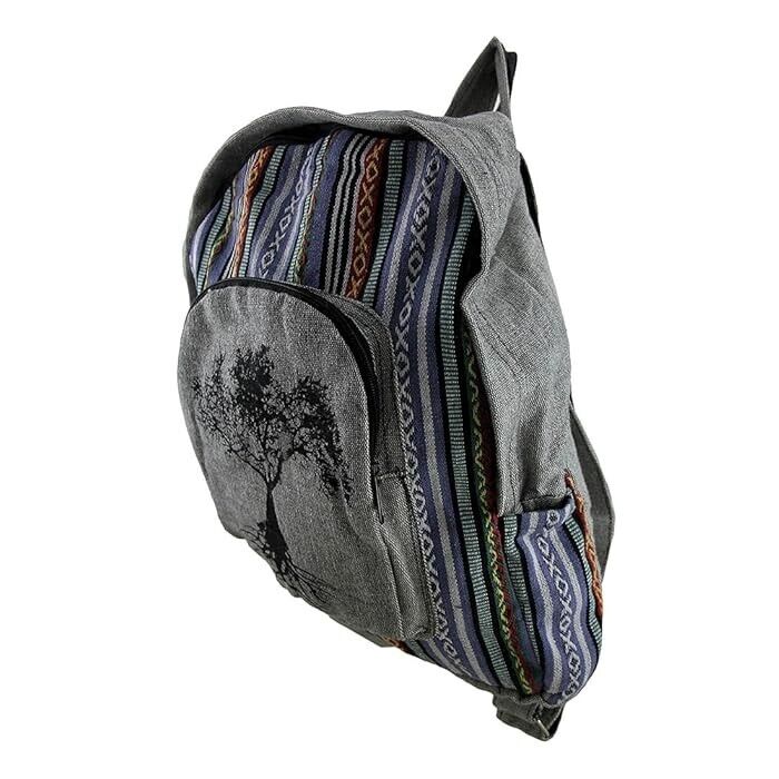 Zeckos Tree of Life Grey Cotton Canvas Striped Tapestry Fully Lined Backpack