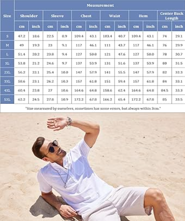 COOFANDY Men's Cotton Linen Henley Shirt Short Sleeve Striped Beach T Shirt, S