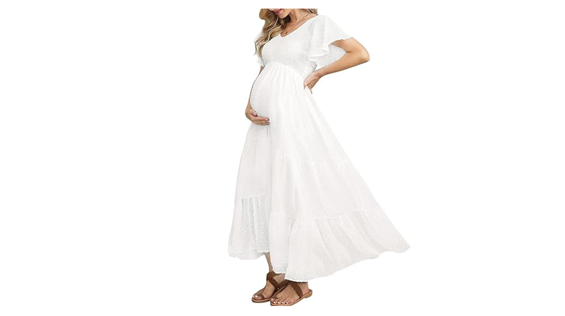 Swiss Dot Smocked Maternity Dress for Baby Shower Casual Summer, WHITE, L