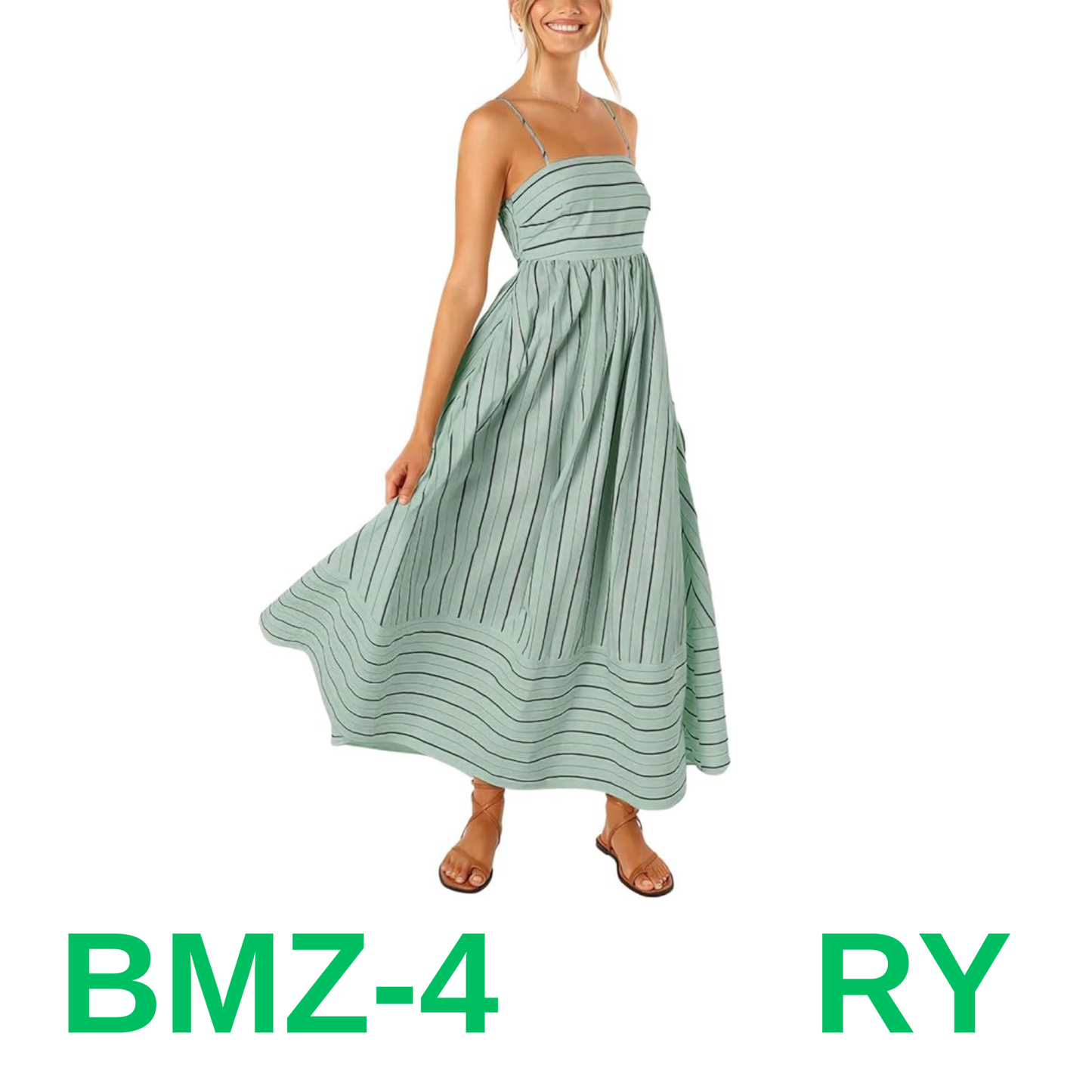 chouyatou Women's Striped Back Smocked Maxi Dress Sexy Spaghetti, Small, Green