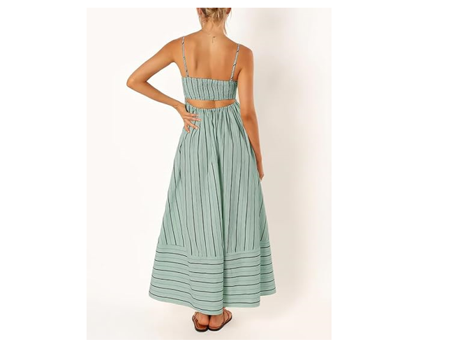 chouyatou Women's Striped Back Smocked Maxi Dress Sexy Spaghetti, Small, Green
