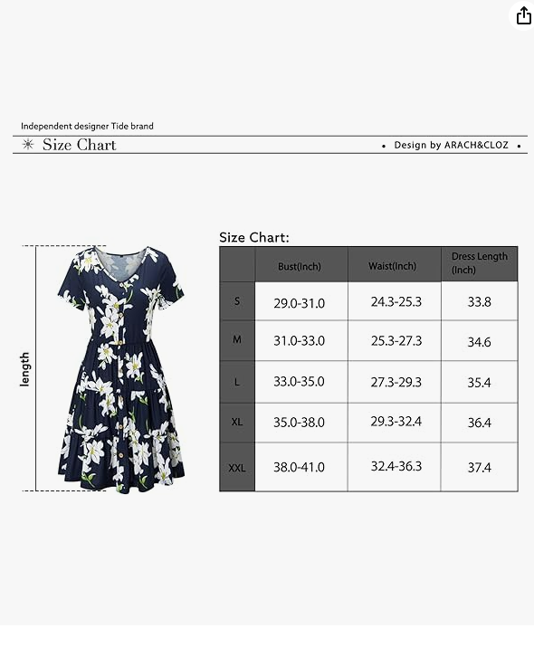 Arach&Cloz Women's Short Sleeve Summer Midi Dress Casual Swing Button V Neck L