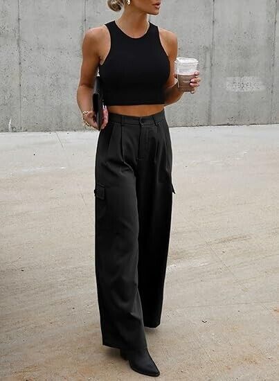 Dokotoo Women's Cargo Black Work Slacks Pants Baggy Wide Leg Trousers, 18 Petite