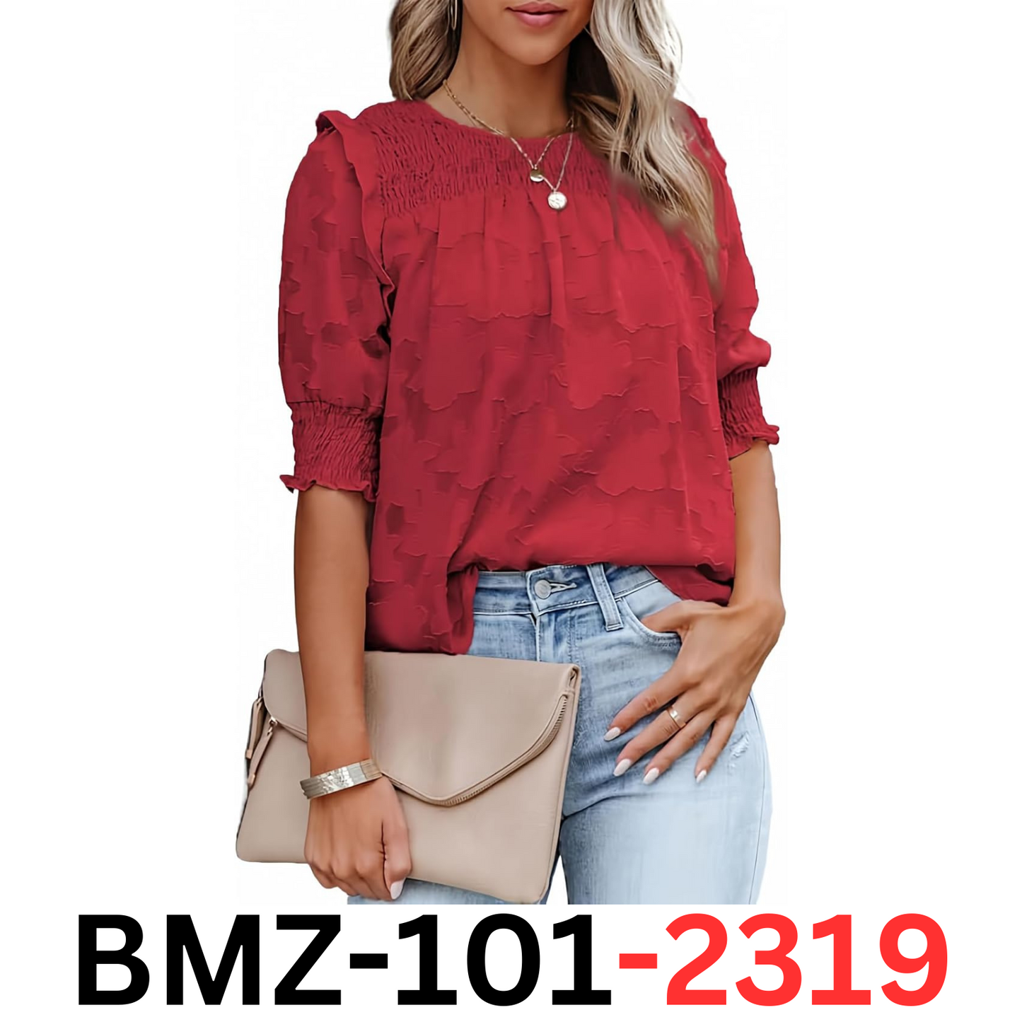 Dokotoo Women Summer Crew Neck Flowy Ruffle Half Sleeve Shirred Cute Top, Red, M