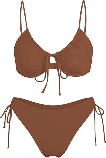ZAFUL Women's 2 Piece Tie Front Bikini Set Underwire Lace Up Swimsuit, Coffee, M