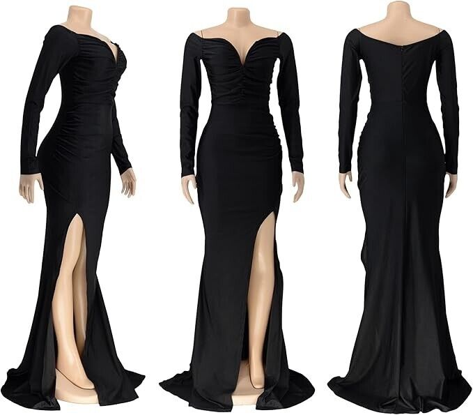 Vakkest Women's Sexy Formal Dresses Off The Shoulder Long Sleeve Gown, Black, L