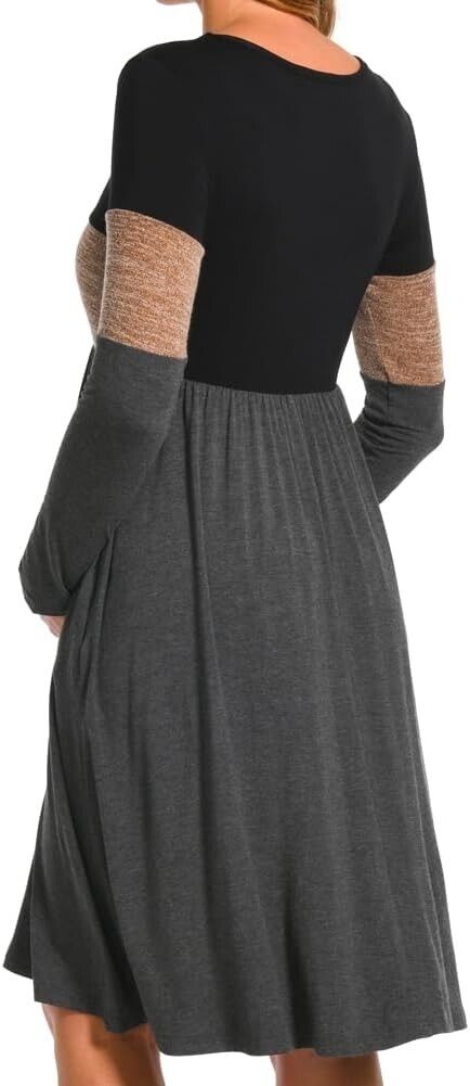 Bearsland women Long Sleeve Maternity Dresses Patchwork Pregnancy Dress, Brown L