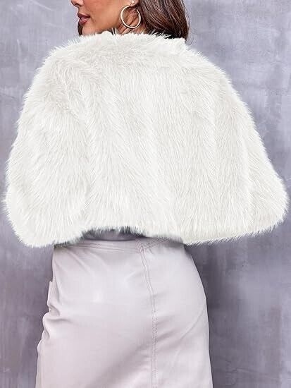 Danedvi Women Fashion Cropped Faux Fur Jacket Long Sleeve Open Front Cardigan, S