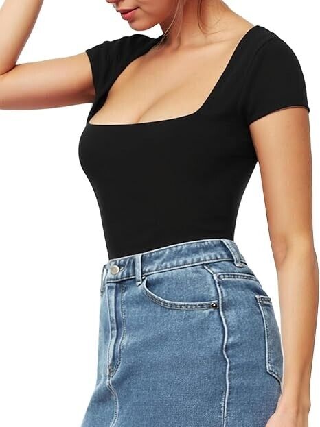 MANGOPOP Black Bodysuit Women Square Neck Short Sleeve Shirt Tops Black-XL