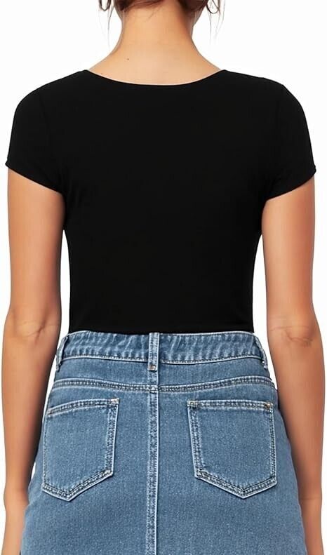 MANGOPOP Black Bodysuit Women Square Neck Short Sleeve Shirt Tops Black-XL