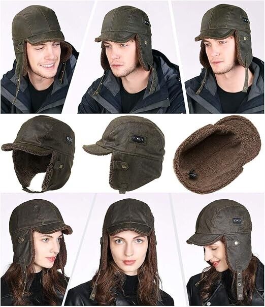 Comhats Unisex Pilot Earflap Hat Aviator Cap Faux Leather Adult Brown Women, L