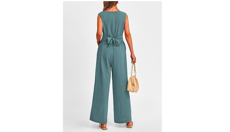 Womens One Piece Wide Leg Jumpsuits Summer Sleeveless V Neck, Blue Green, L