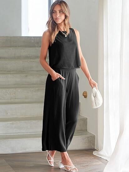 ANRABESS Women Summer 2 Piece Outfits Sleeveless Crop Top Capri Wide Leg Pants M