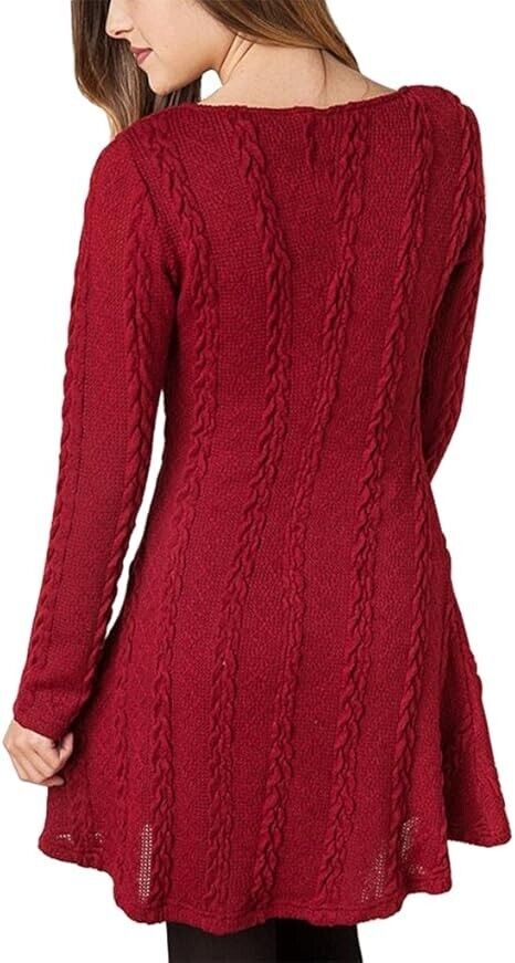 Women Fashion Cable Knitted Sweater Long Sleeve Crew Neck Pullover Dress, Large