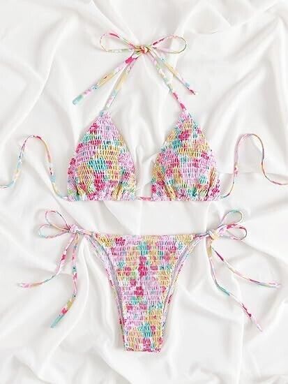 COZYEASE Women's 2 Piece Floral Bikini Sets Smocked Drawstring Side Swimsuit, M