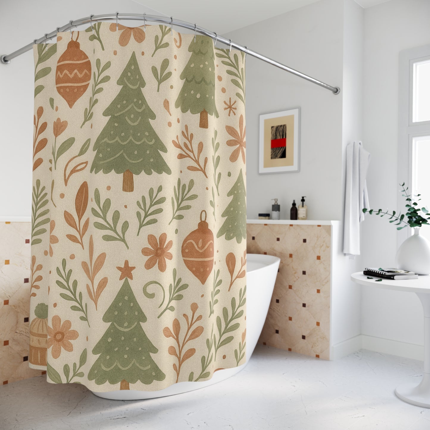 Christmas Tree Pattern Shower Curtain — Neutral Festive Holiday Bathroom Decor