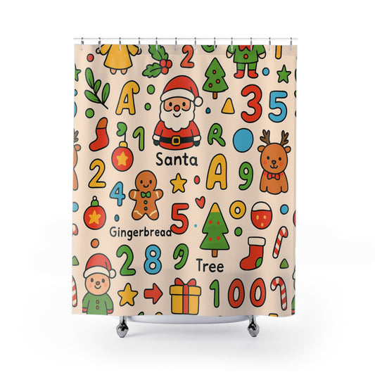 Christmas Alphabet & Numbers Shower Curtain — Cute Santa, Gingerbread & Tree Kids Bathroom Decor
