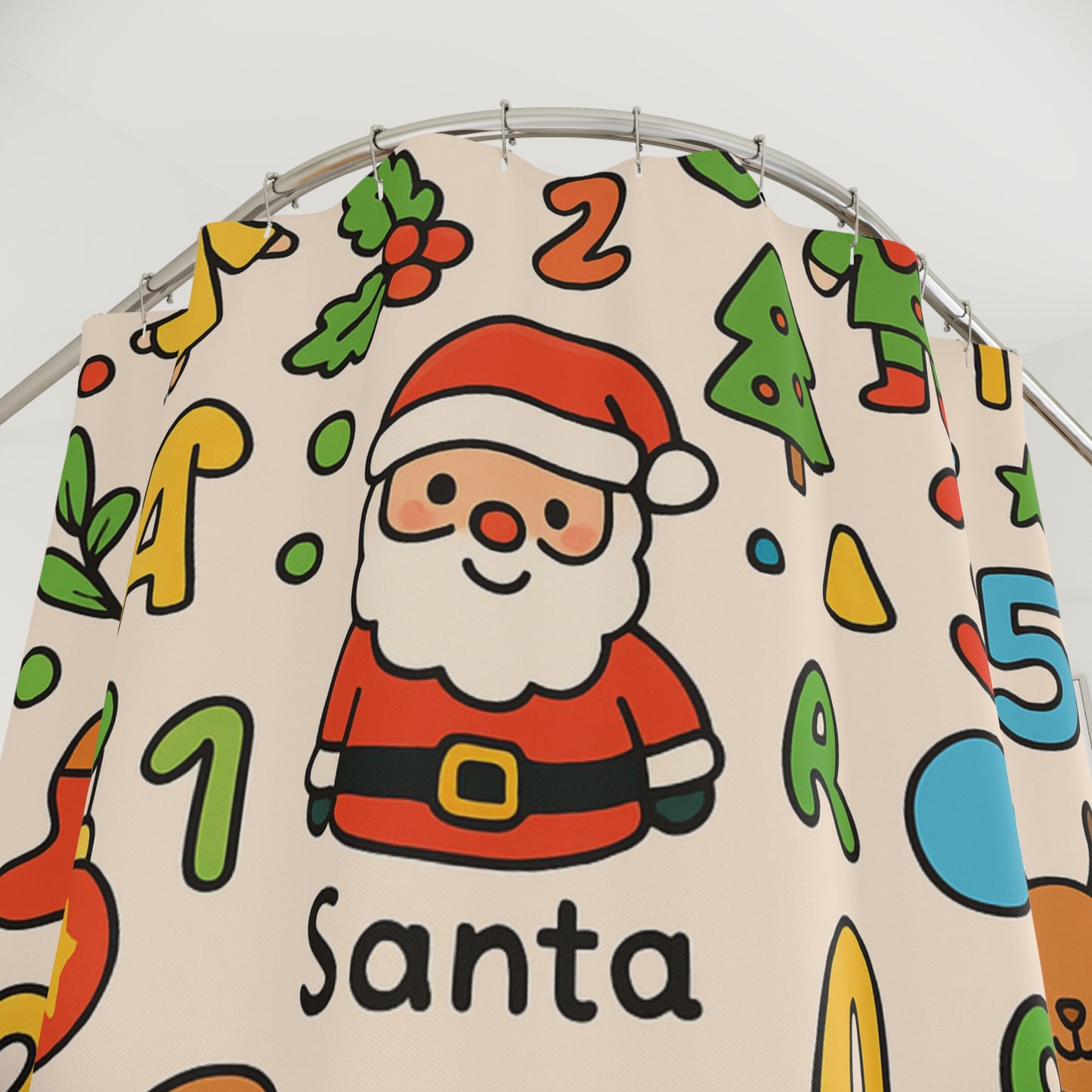 Christmas Alphabet & Numbers Shower Curtain — Cute Santa, Gingerbread & Tree Kids Bathroom Decor