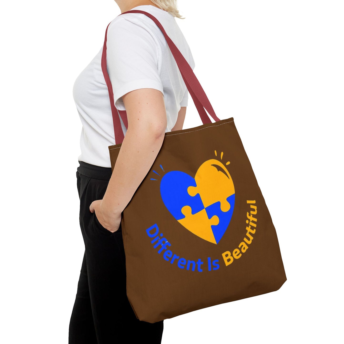 Autism Awareness Puzzle Heart Tote Bag — "Different Is Beautiful" Brown AOP