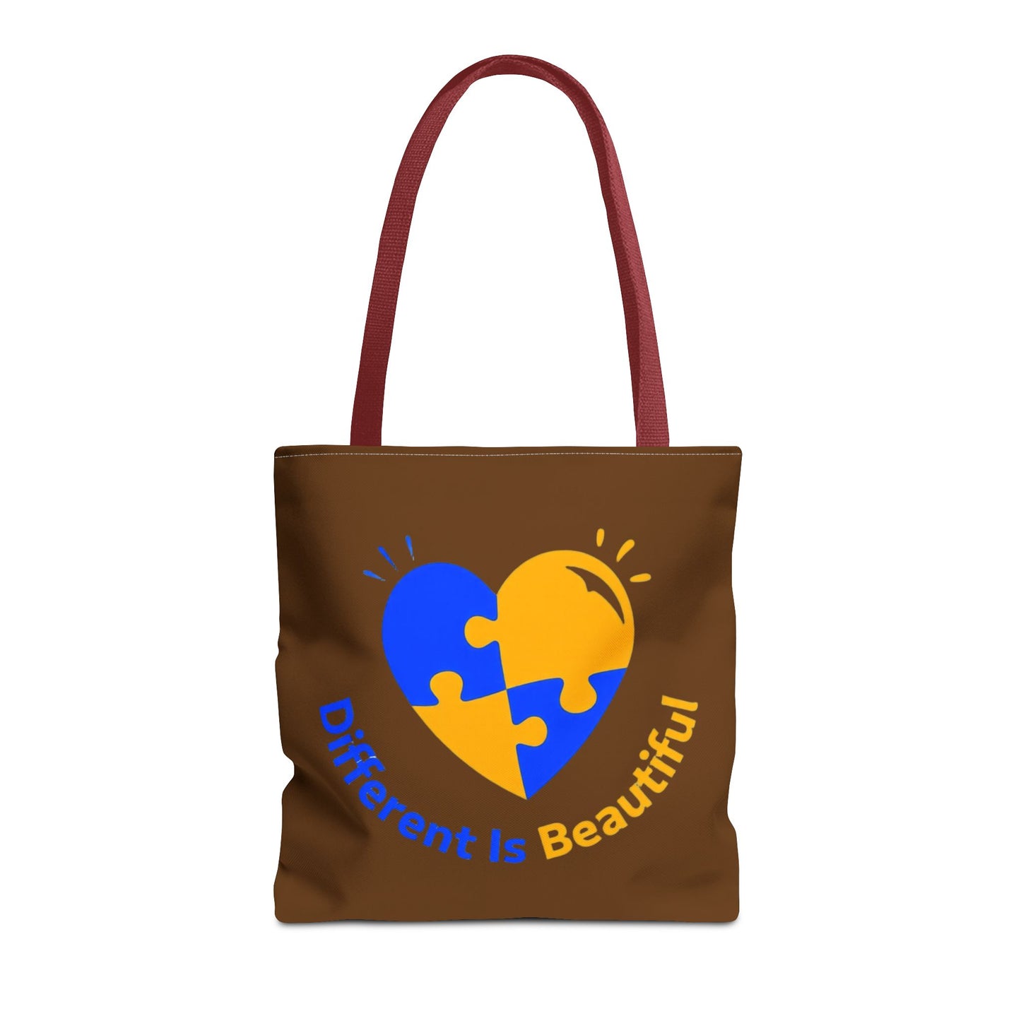 Autism Awareness Puzzle Heart Tote Bag — "Different Is Beautiful" Brown AOP