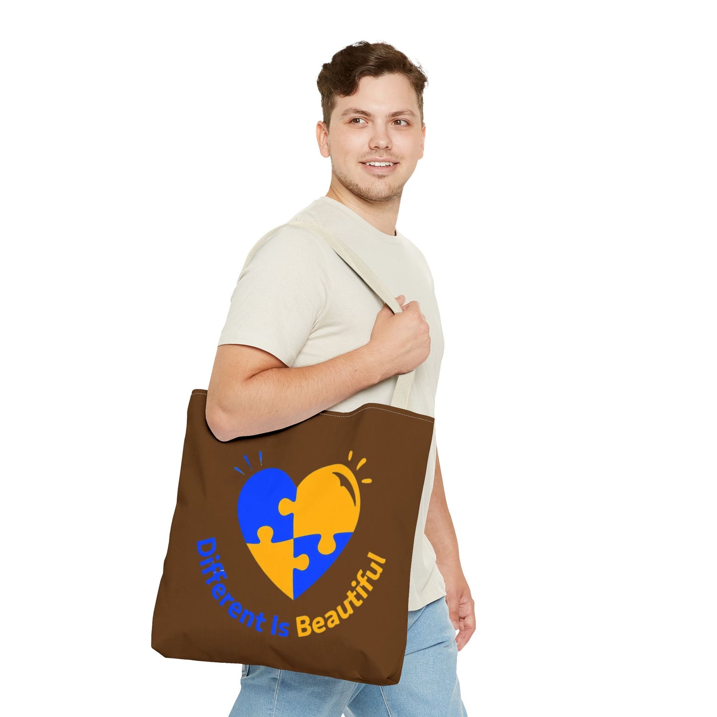 Autism Awareness Puzzle Heart Tote Bag — "Different Is Beautiful" Brown AOP