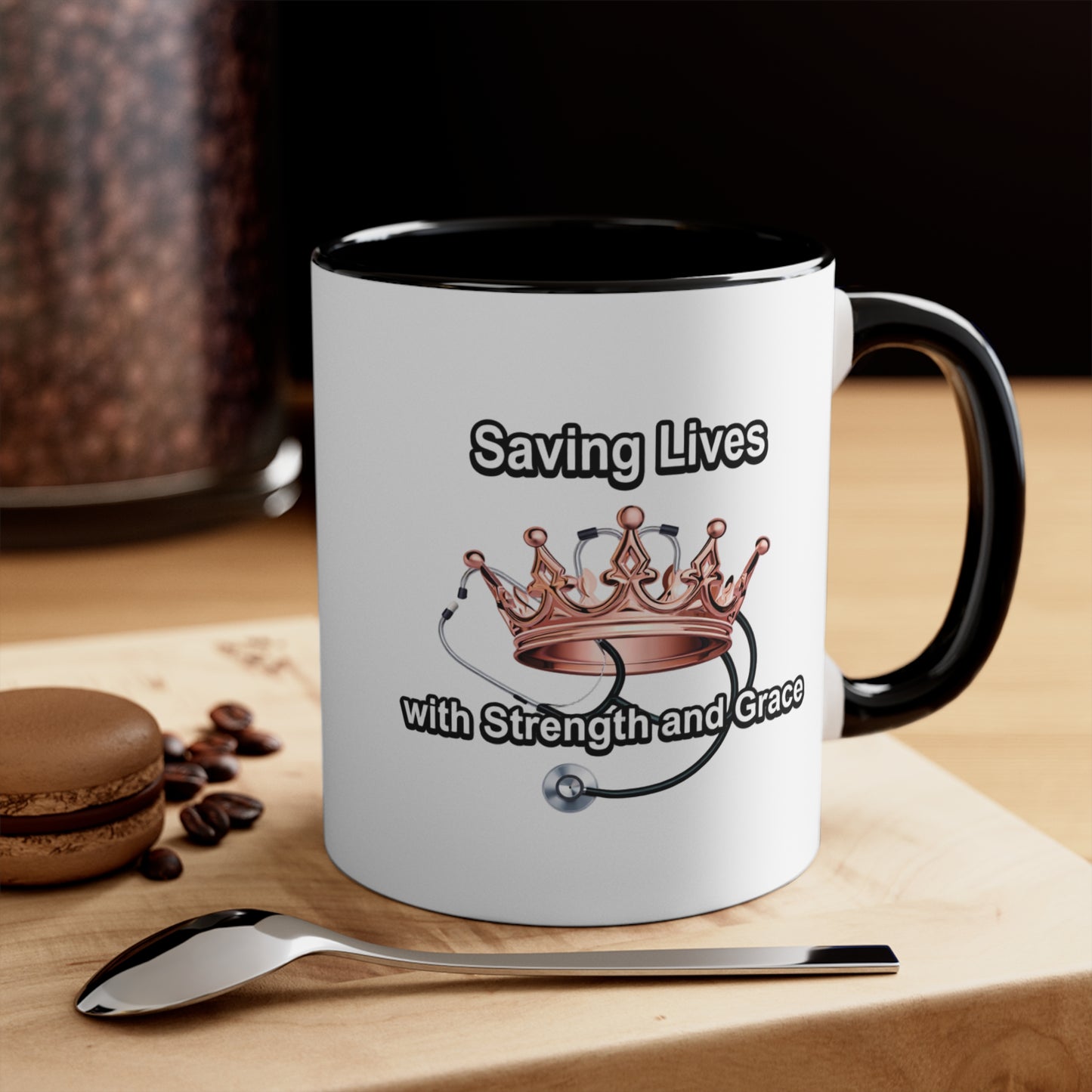 Accent Mug — "Saving Lives with Strength and Grace" Nurse Stethoscope Coffee Cup