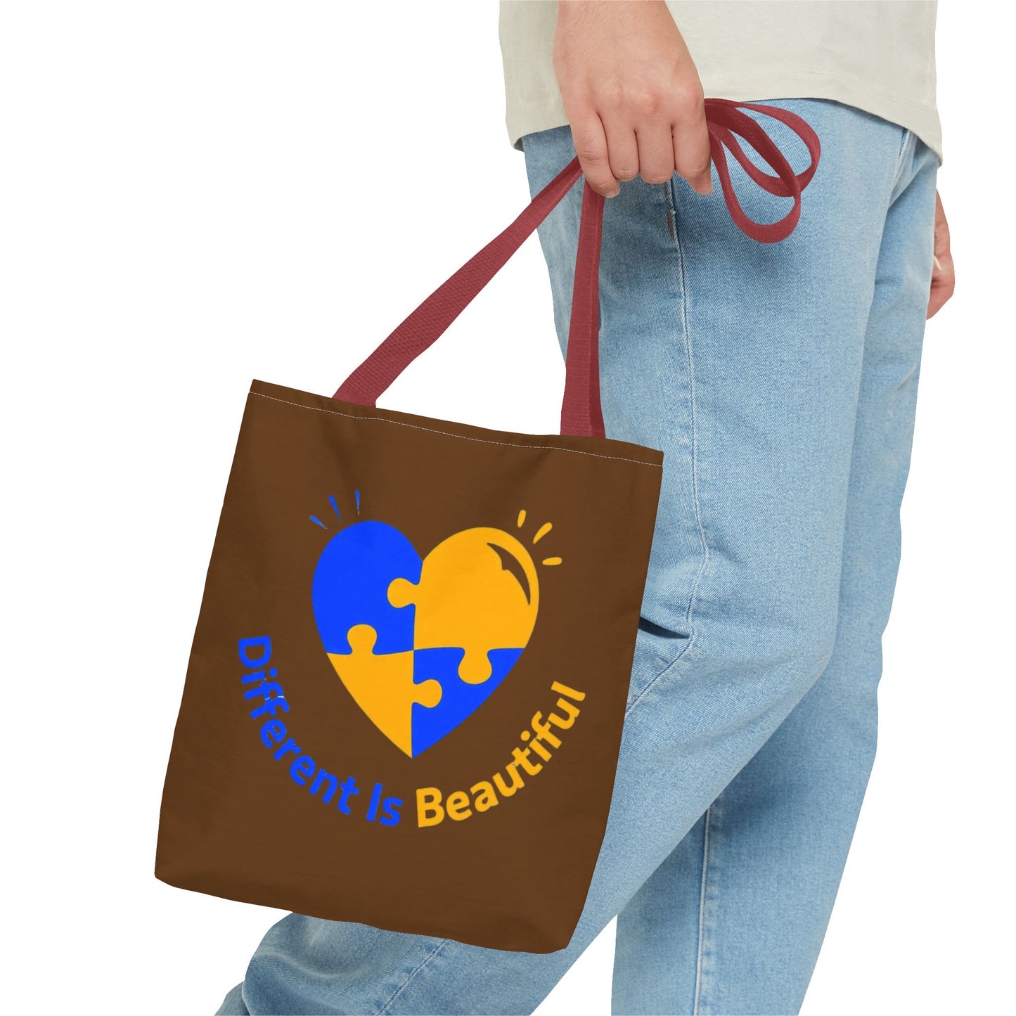 Autism Awareness Puzzle Heart Tote Bag — "Different Is Beautiful" Brown AOP