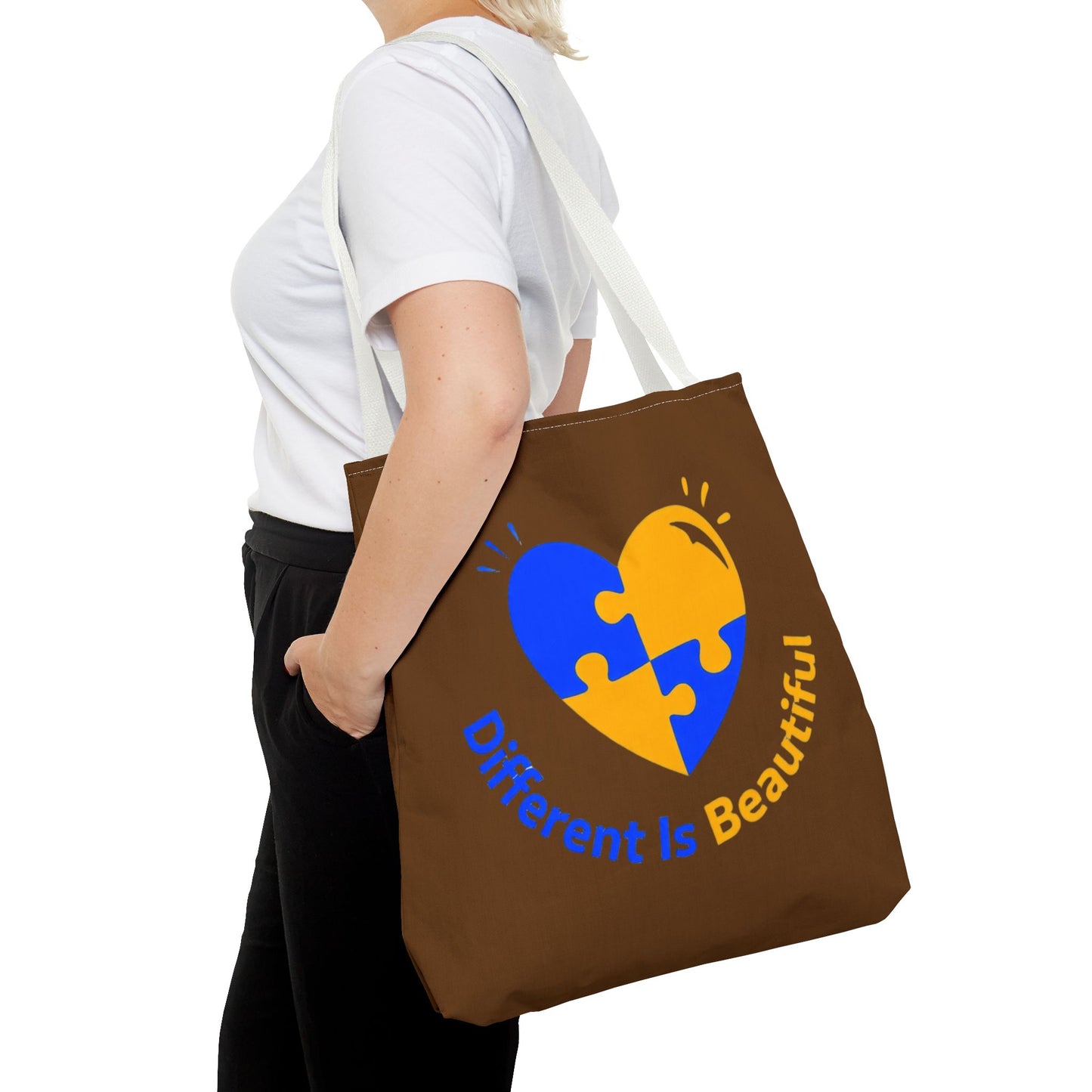 Autism Awareness Puzzle Heart Tote Bag — "Different Is Beautiful" Brown AOP