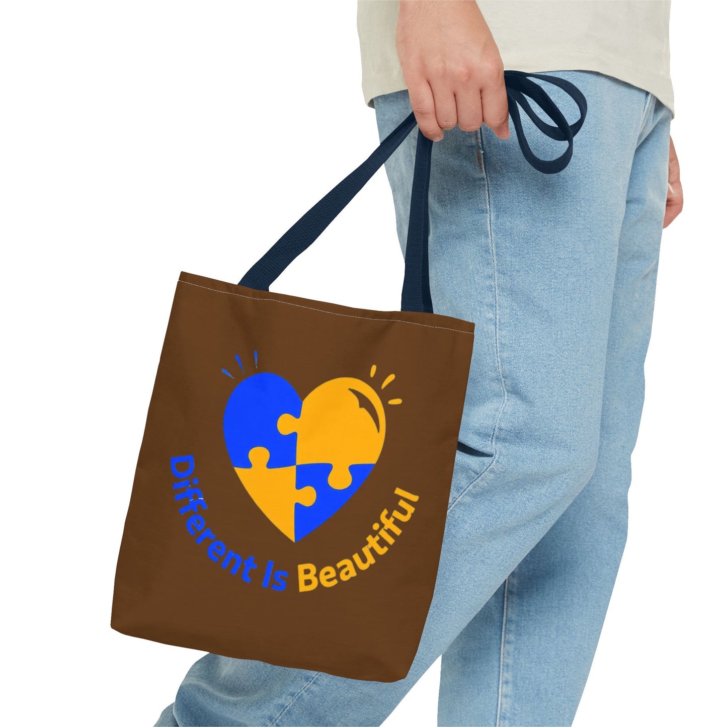 Autism Awareness Puzzle Heart Tote Bag — "Different Is Beautiful" Brown AOP