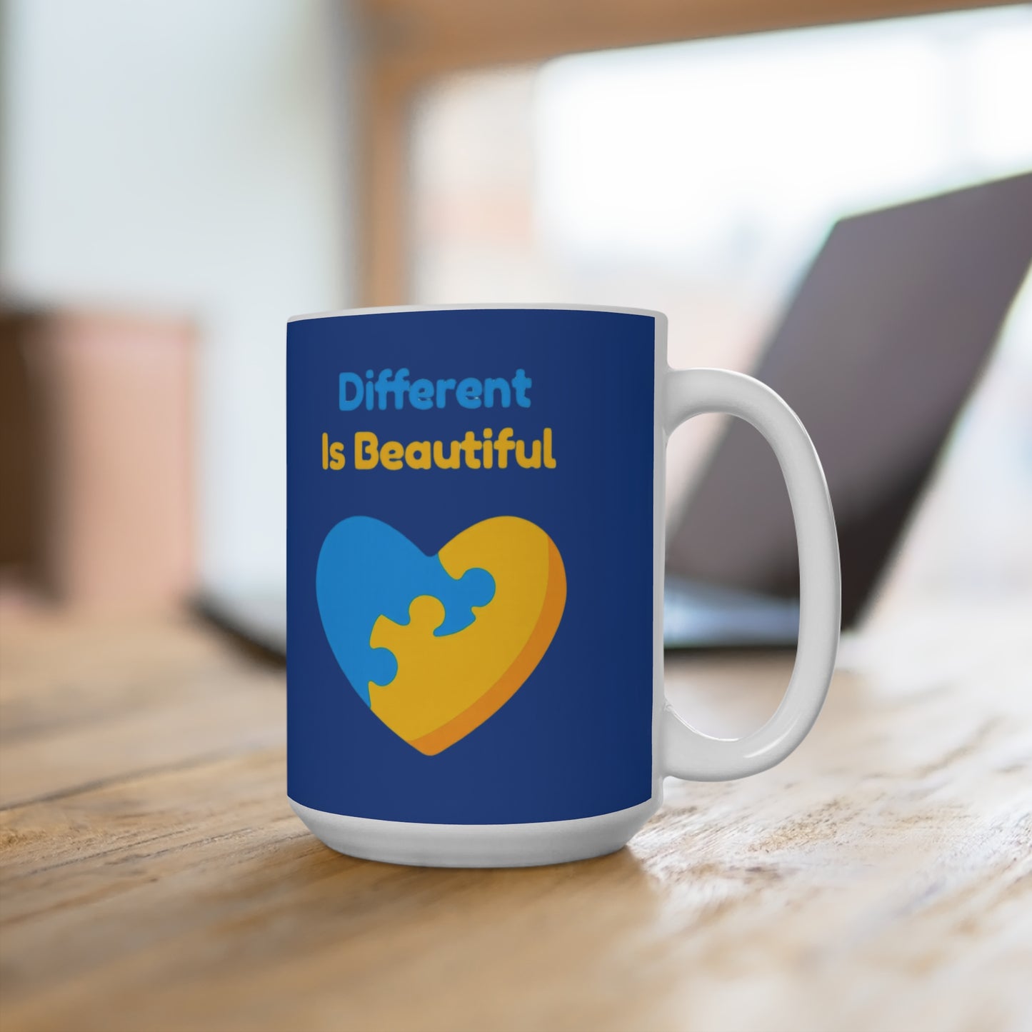 Autism Awareness 15oz Mug — "Different Is Beautiful" Heart Puzzle Design