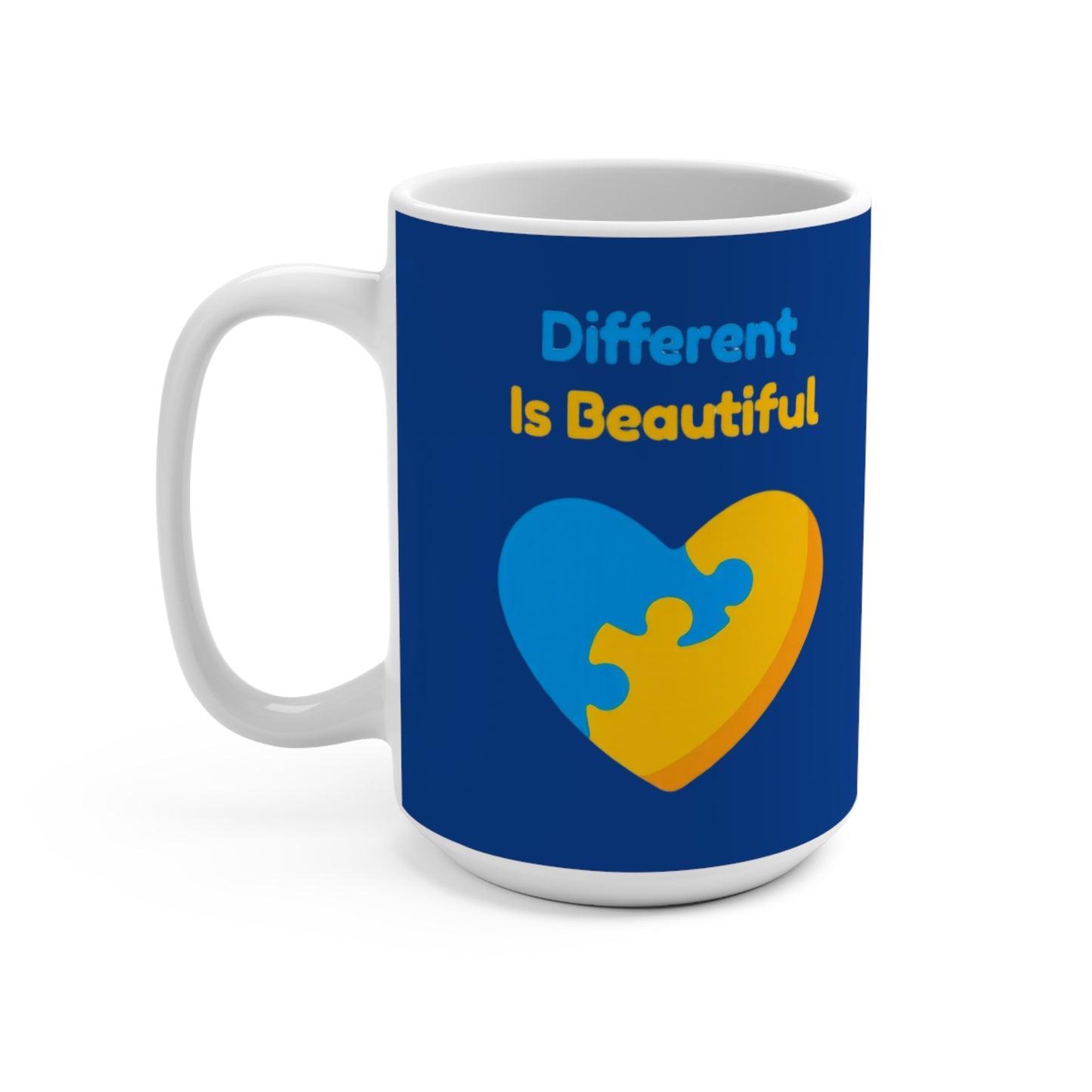 Autism Awareness 15oz Mug — "Different Is Beautiful" Heart Puzzle Design