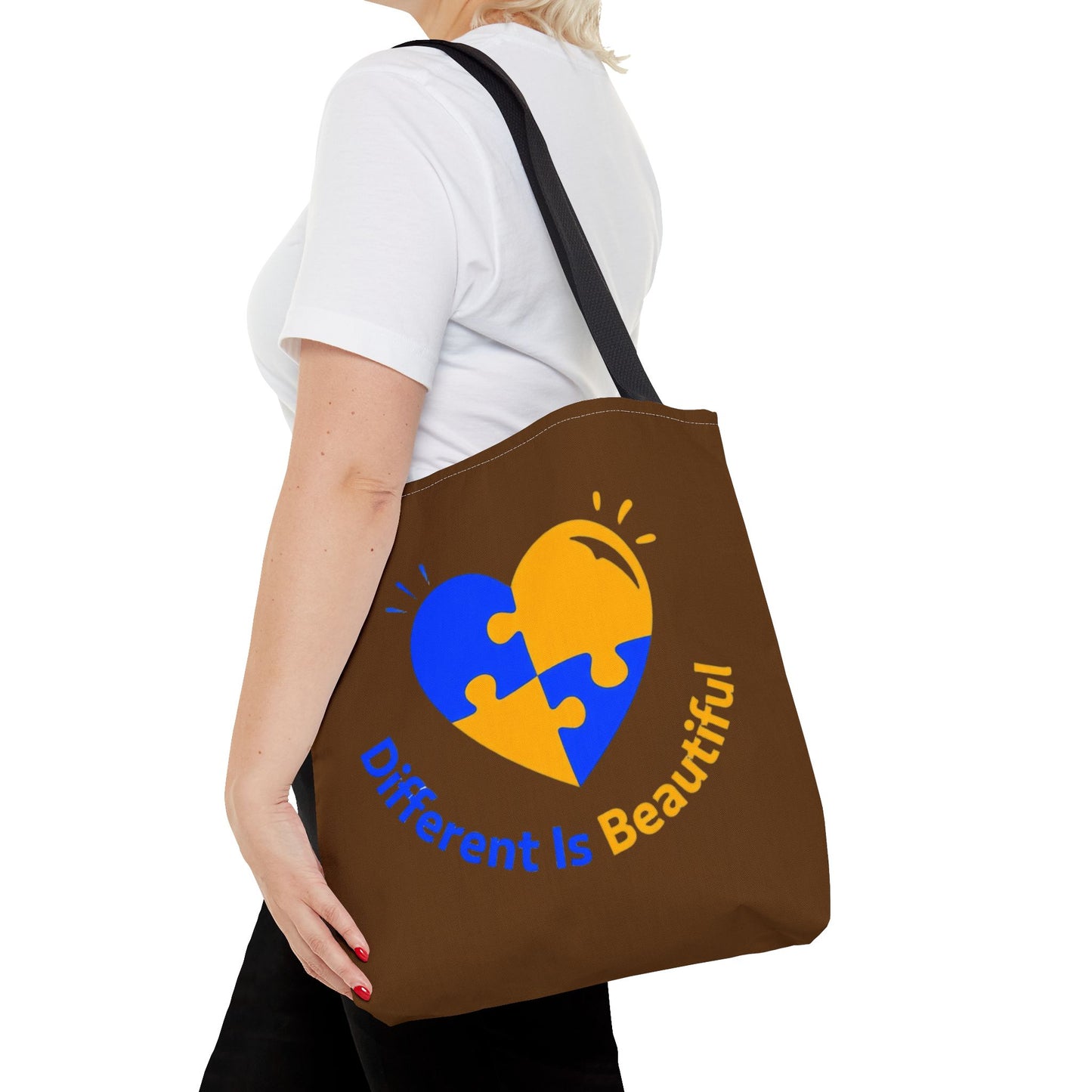 Autism Awareness Puzzle Heart Tote Bag — "Different Is Beautiful" Brown AOP