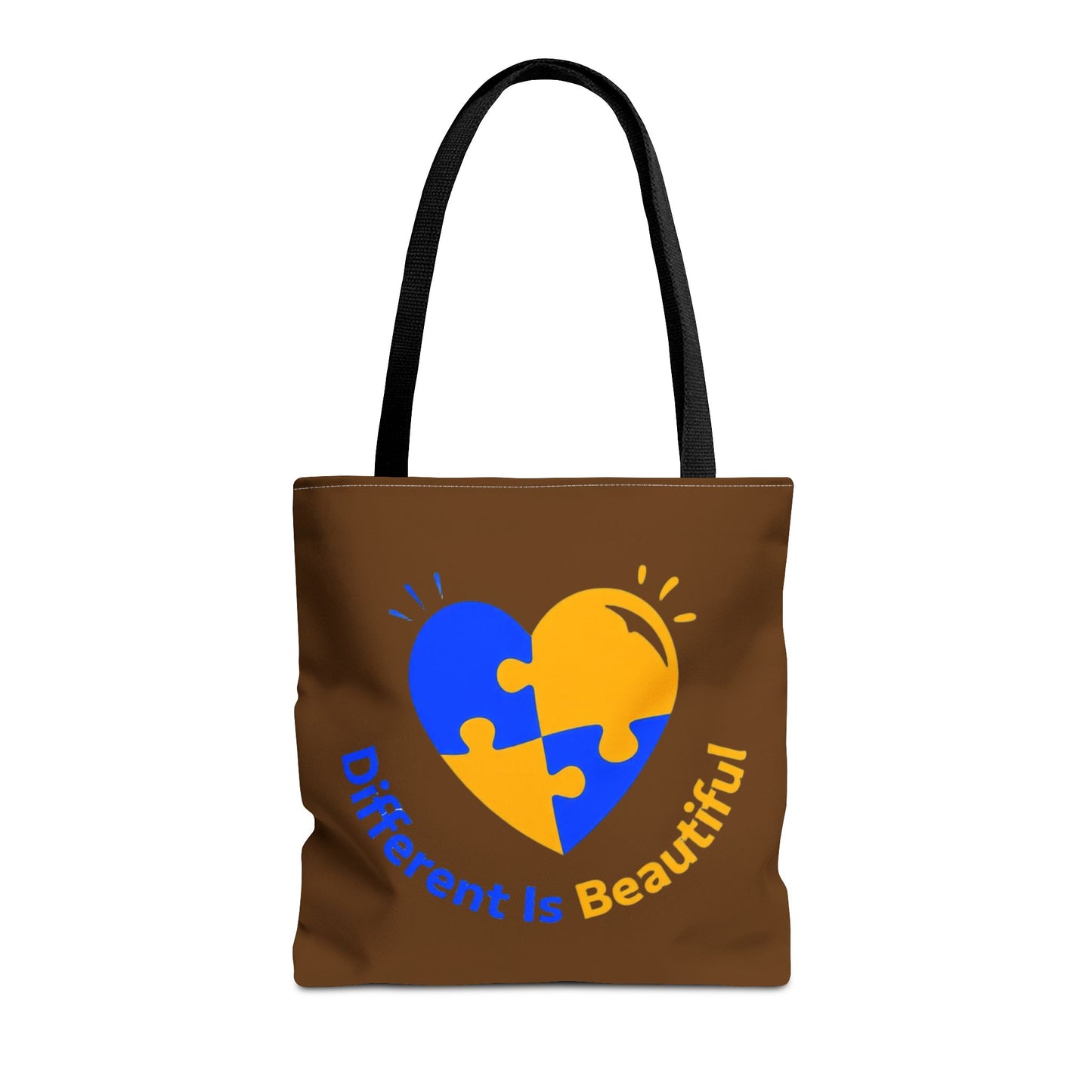 Autism Awareness Puzzle Heart Tote Bag — "Different Is Beautiful" Brown AOP