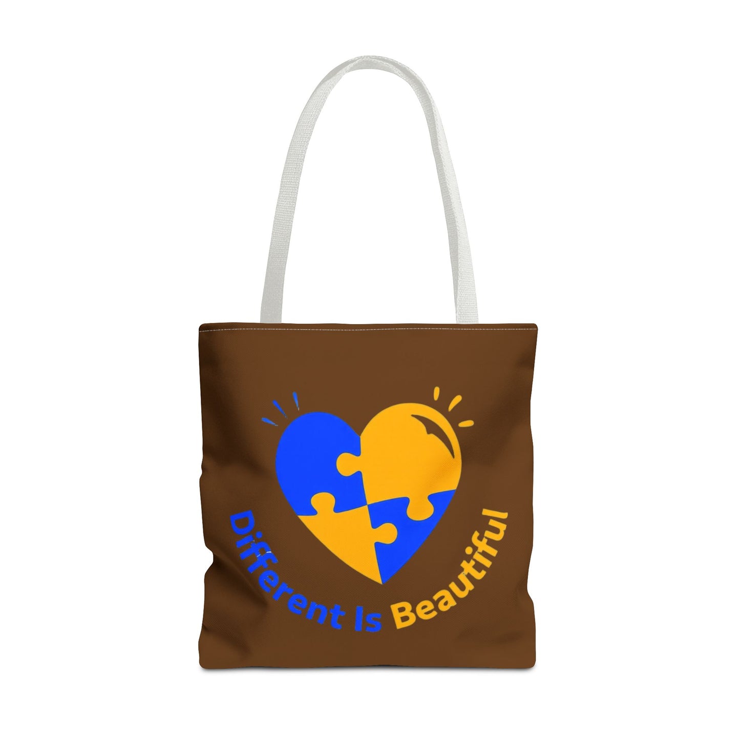 Autism Awareness Puzzle Heart Tote Bag — "Different Is Beautiful" Brown AOP