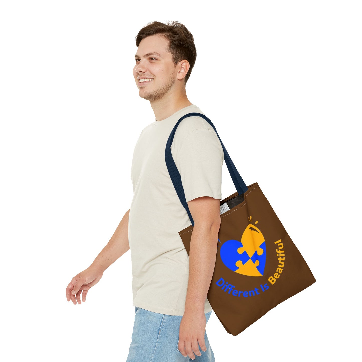 Autism Awareness Puzzle Heart Tote Bag — "Different Is Beautiful" Brown AOP