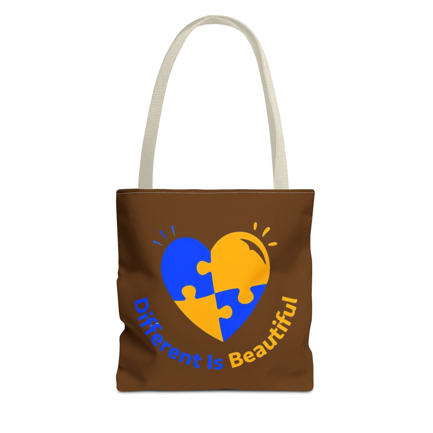 Autism Awareness Puzzle Heart Tote Bag — "Different Is Beautiful" Brown AOP