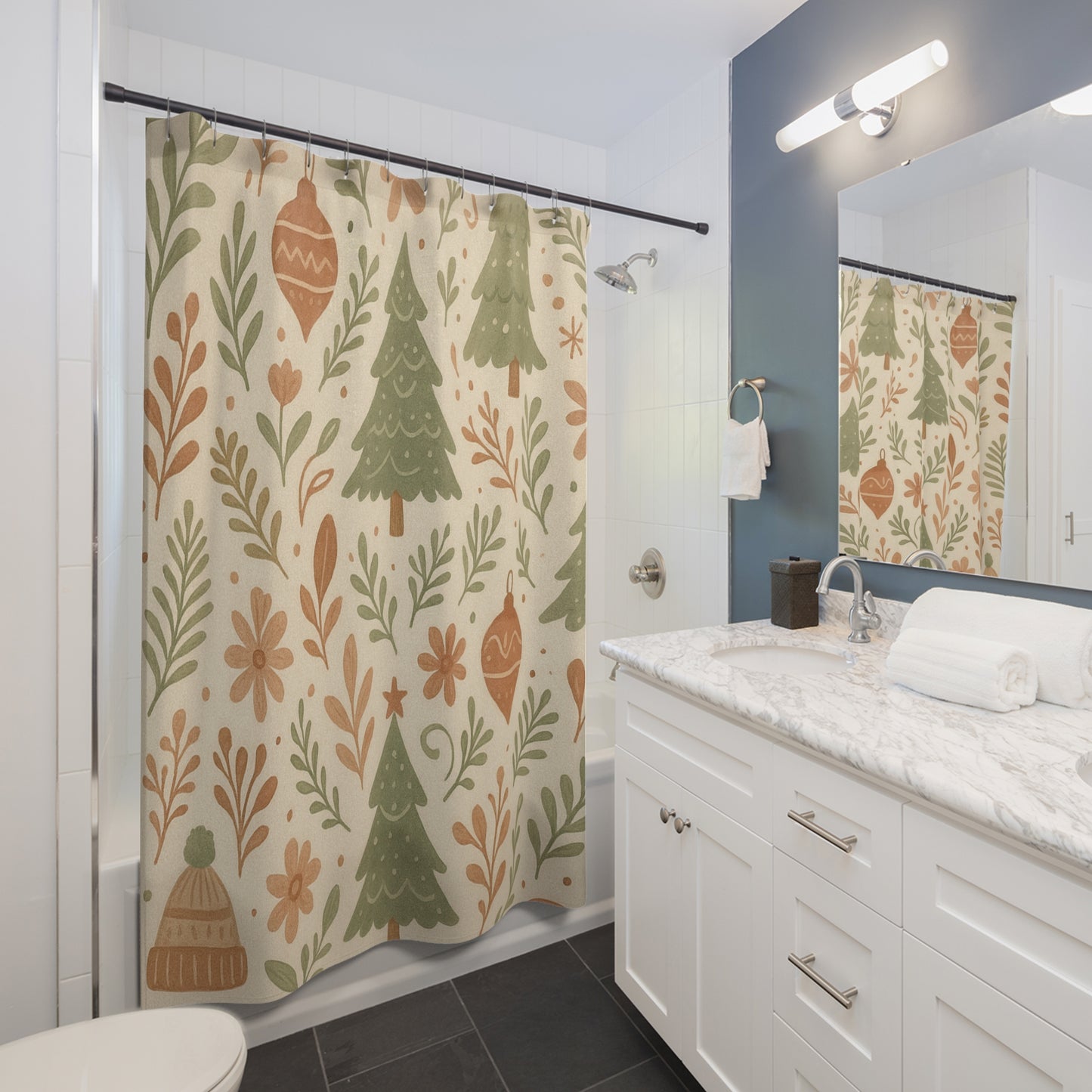 Christmas Tree Pattern Shower Curtain — Neutral Festive Holiday Bathroom Decor