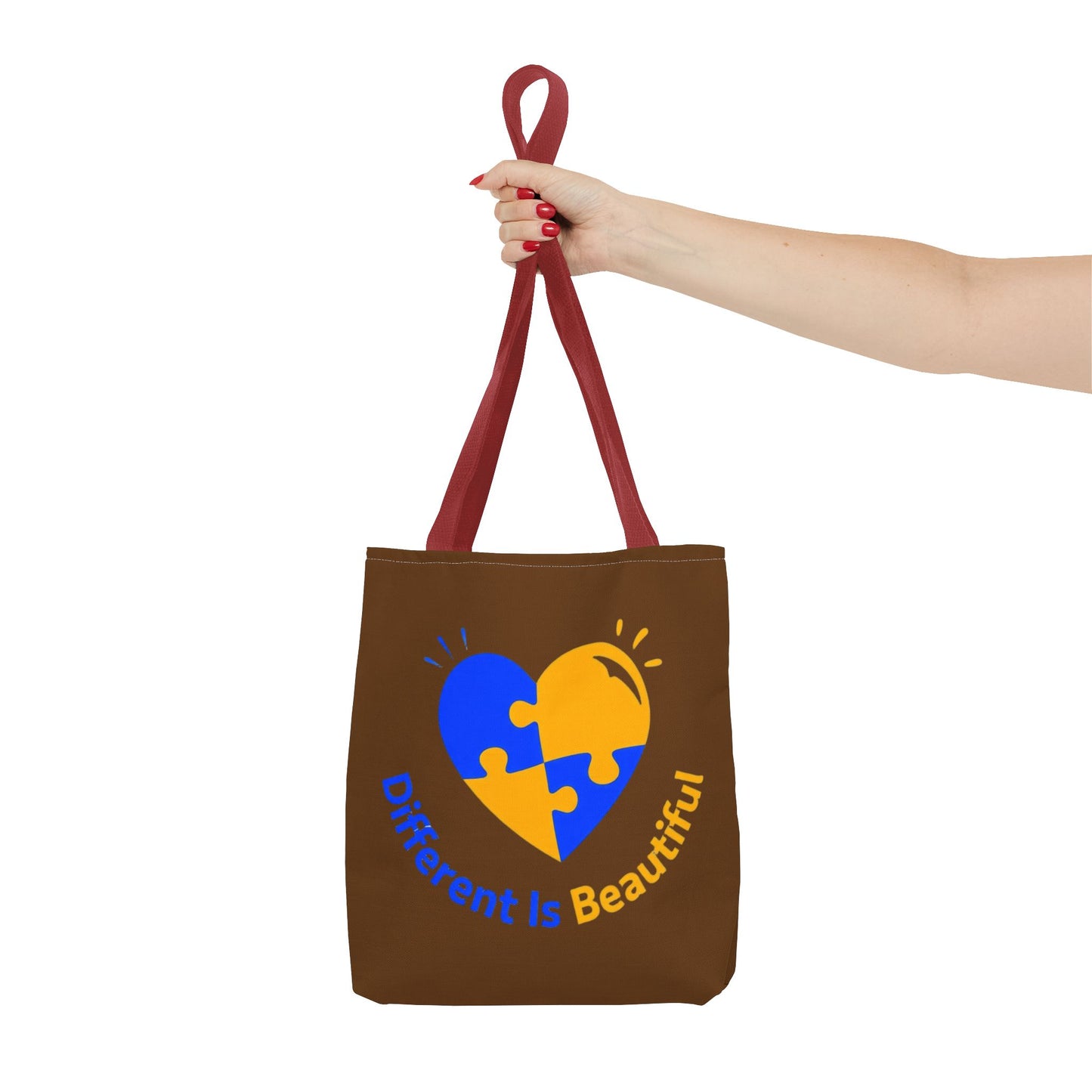 Autism Awareness Puzzle Heart Tote Bag — "Different Is Beautiful" Brown AOP