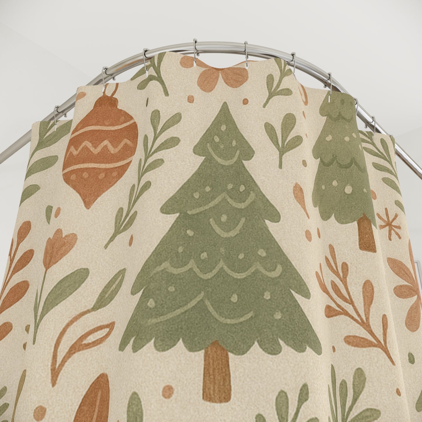 Christmas Tree Pattern Shower Curtain — Neutral Festive Holiday Bathroom Decor