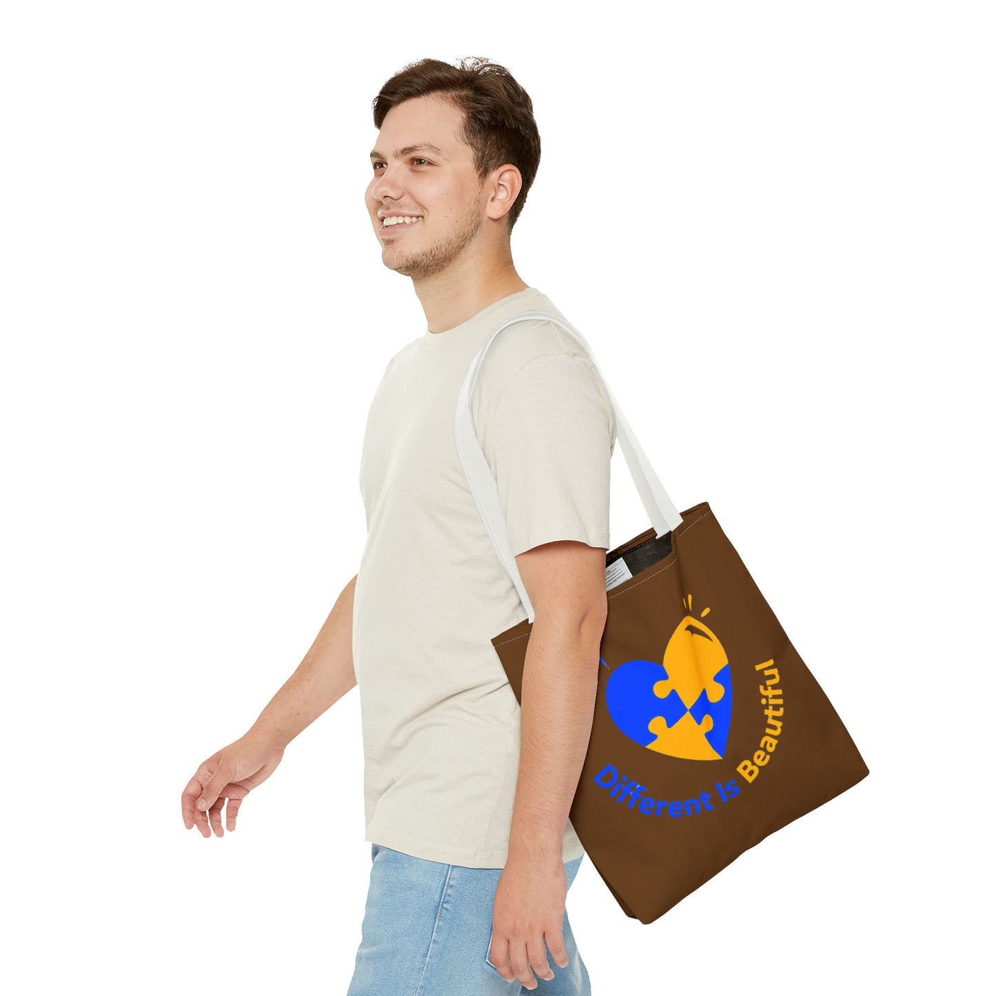 Autism Awareness Puzzle Heart Tote Bag — "Different Is Beautiful" Brown AOP