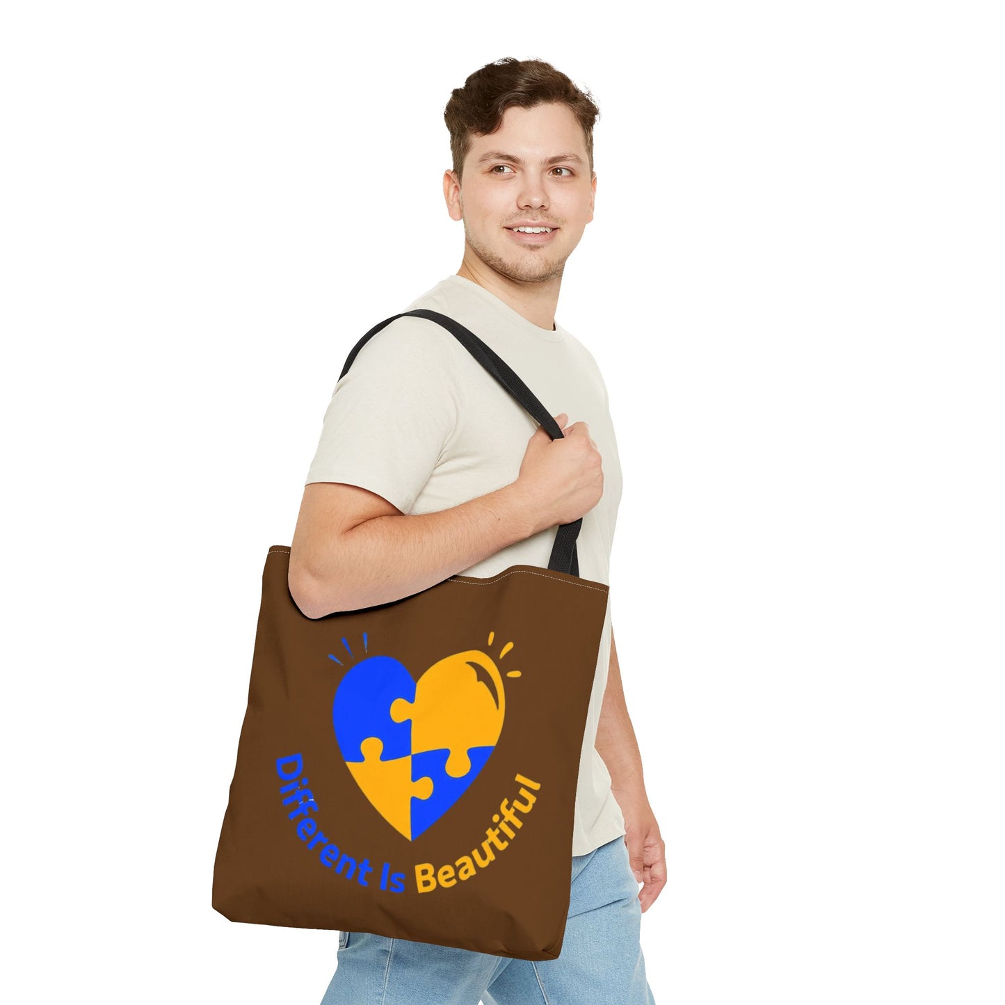 Autism Awareness Puzzle Heart Tote Bag — "Different Is Beautiful" Brown AOP