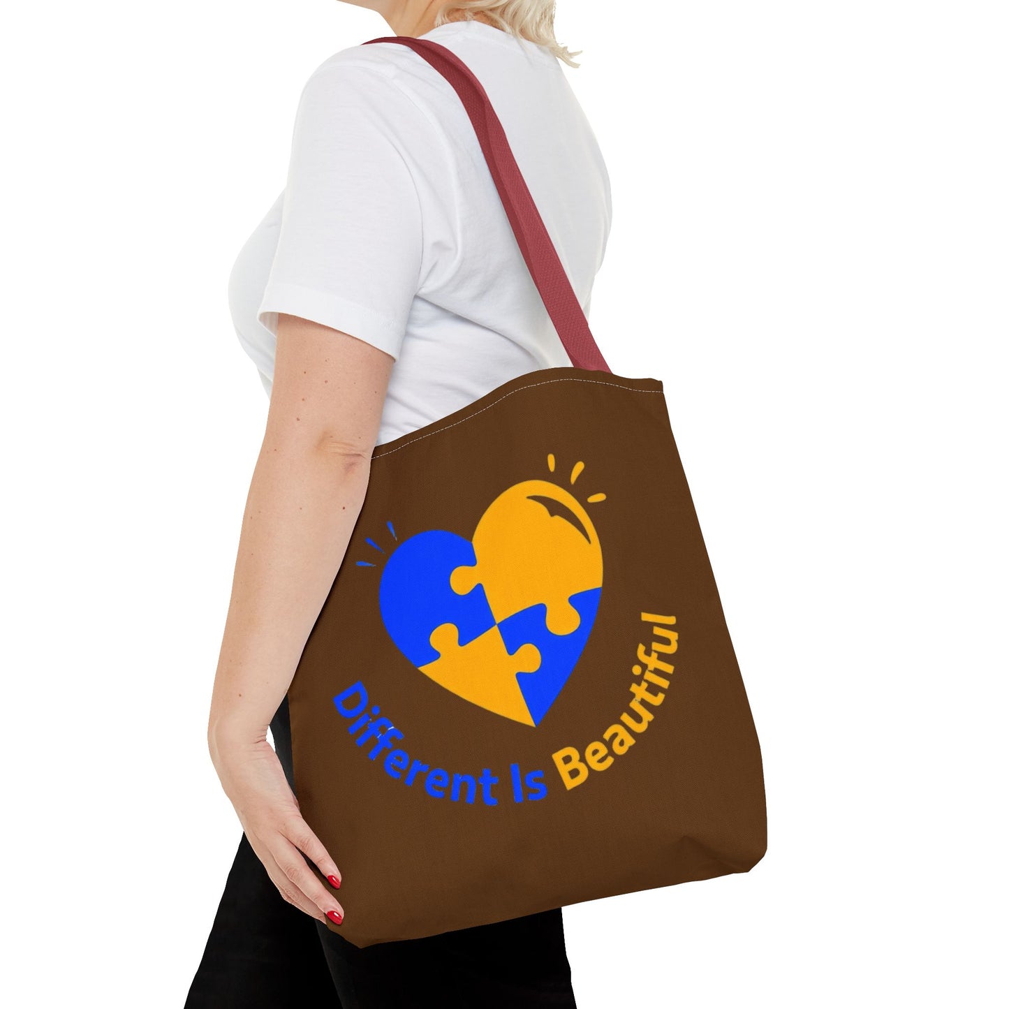 Autism Awareness Puzzle Heart Tote Bag — "Different Is Beautiful" Brown AOP
