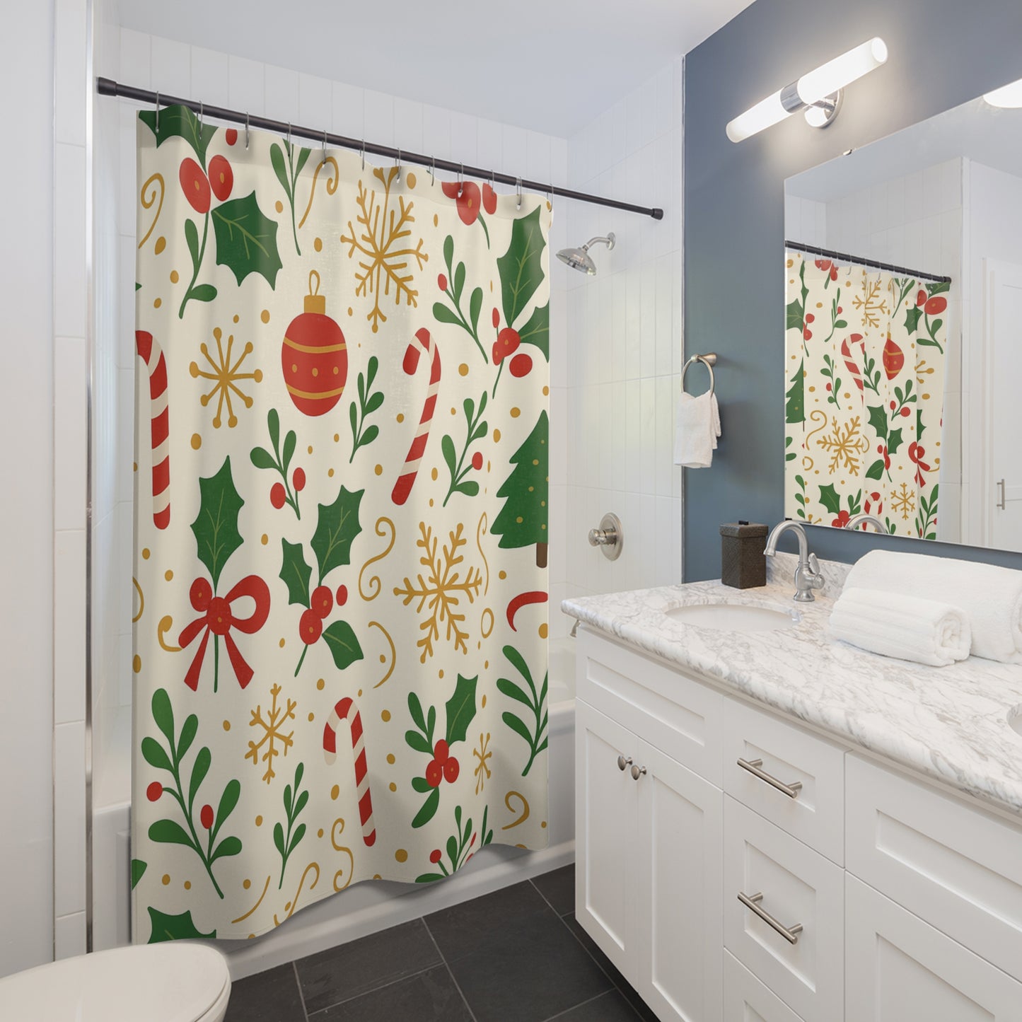 Christmas Shower Curtain — Festive Candy Cane & Holly Holiday Bathroom Decor