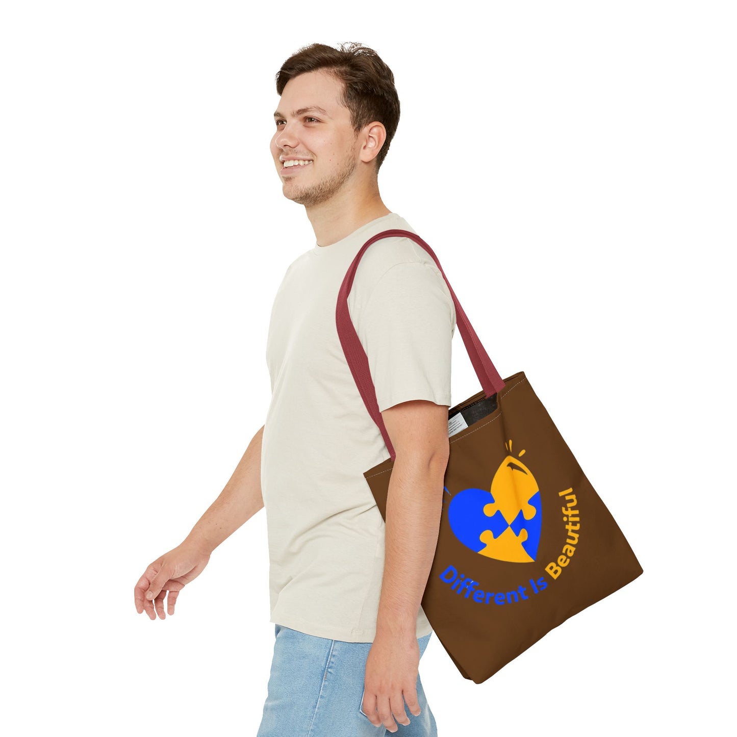 Autism Awareness Puzzle Heart Tote Bag — "Different Is Beautiful" Brown AOP