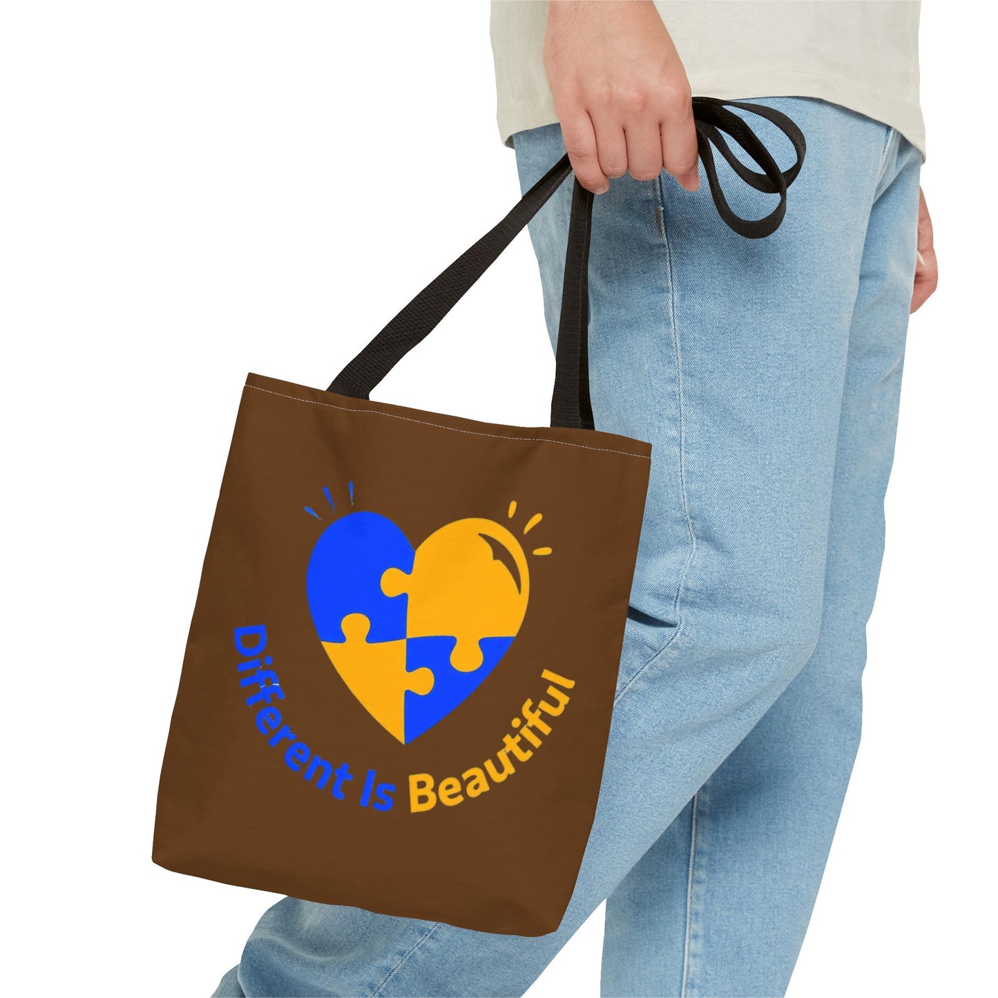 Autism Awareness Puzzle Heart Tote Bag — "Different Is Beautiful" Brown AOP