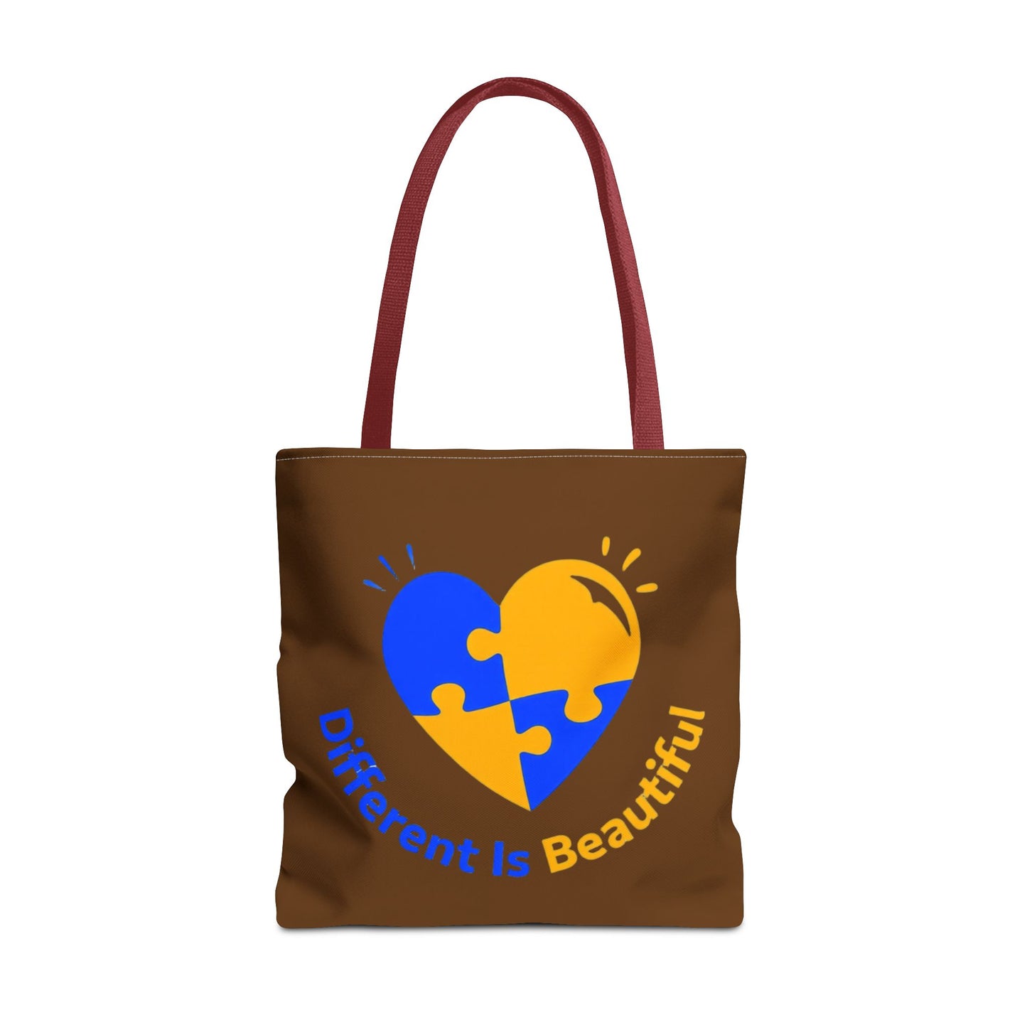 Autism Awareness Puzzle Heart Tote Bag — "Different Is Beautiful" Brown AOP