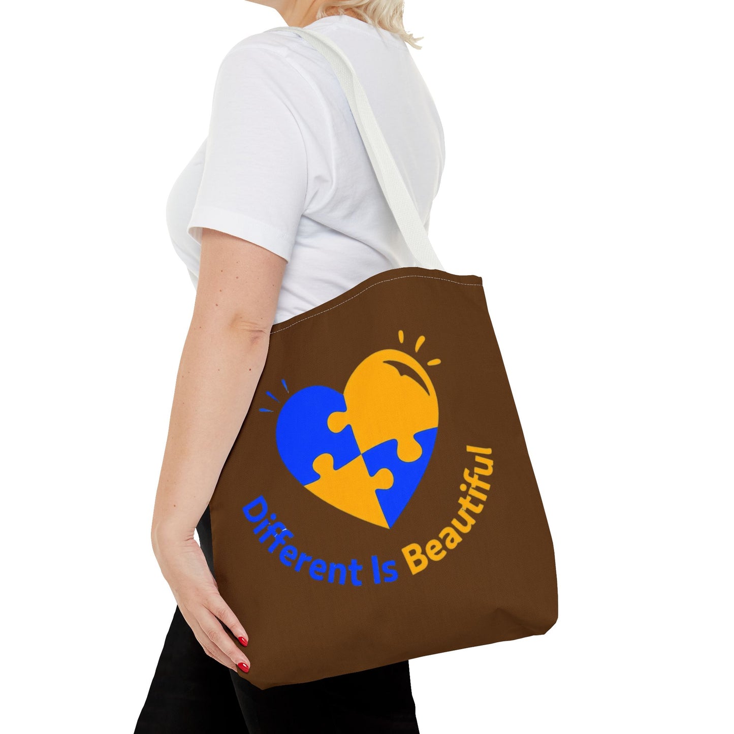 Autism Awareness Puzzle Heart Tote Bag — "Different Is Beautiful" Brown AOP