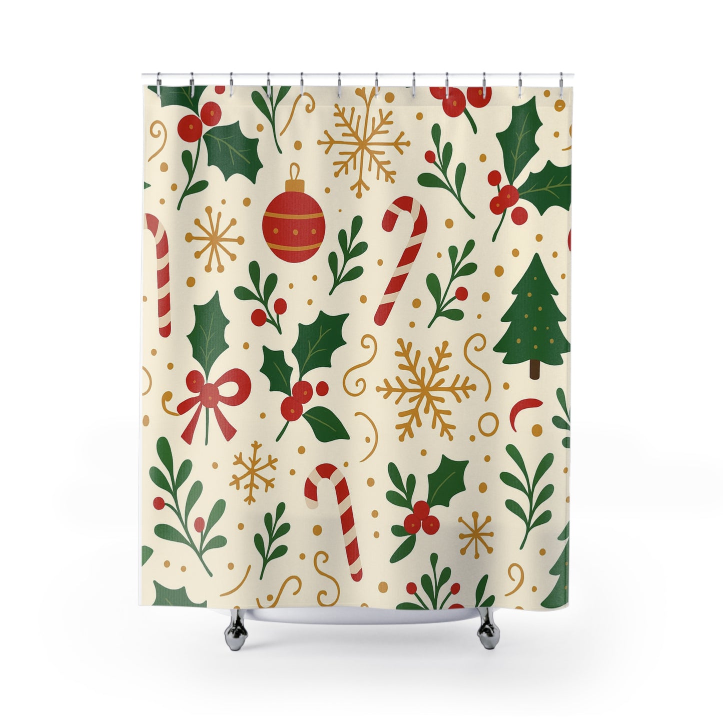 Christmas Shower Curtain — Festive Candy Cane & Holly Holiday Bathroom Decor