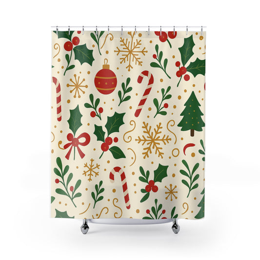Christmas Shower Curtain — Festive Candy Cane & Holly Holiday Bathroom Decor