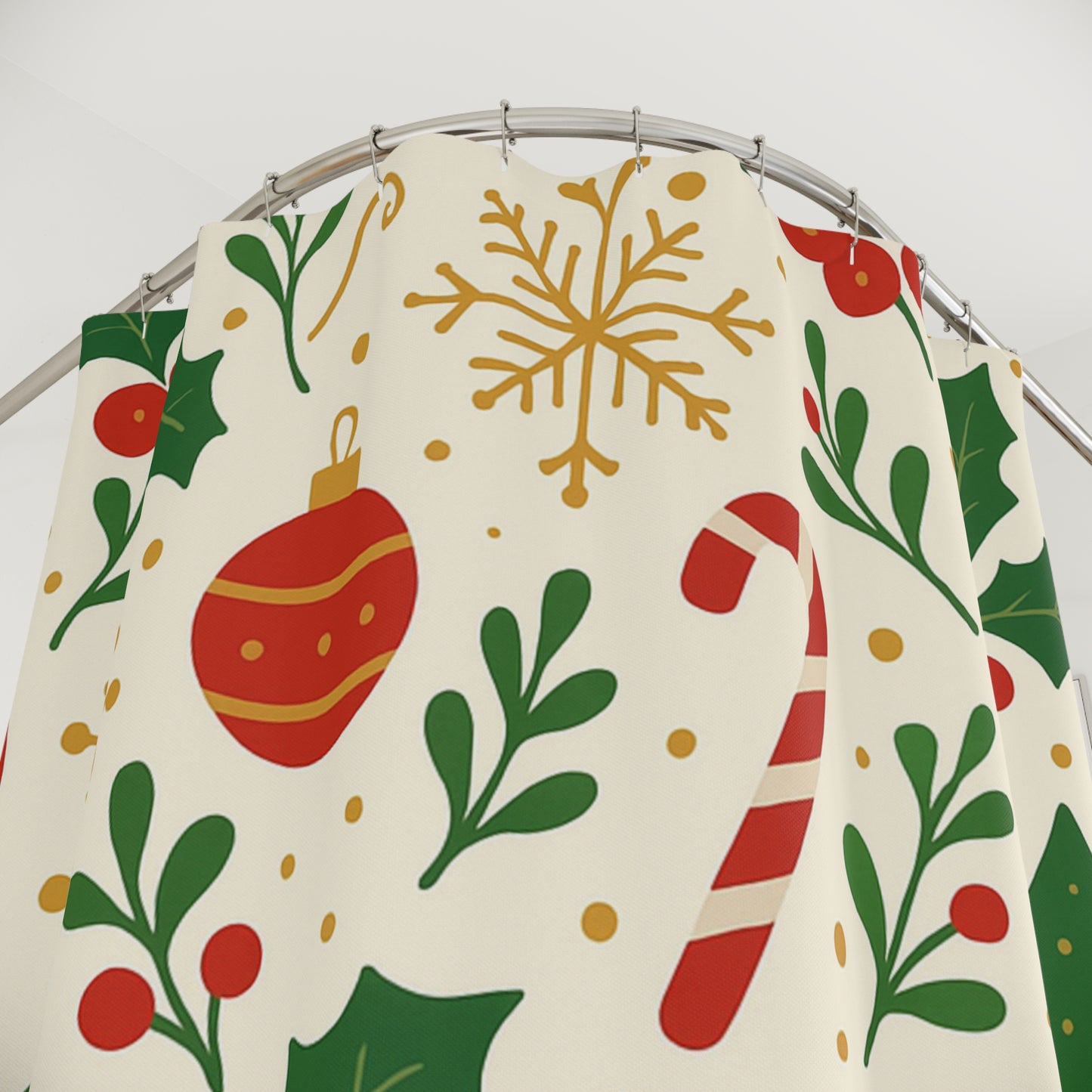 Christmas Shower Curtain — Festive Candy Cane & Holly Holiday Bathroom Decor
